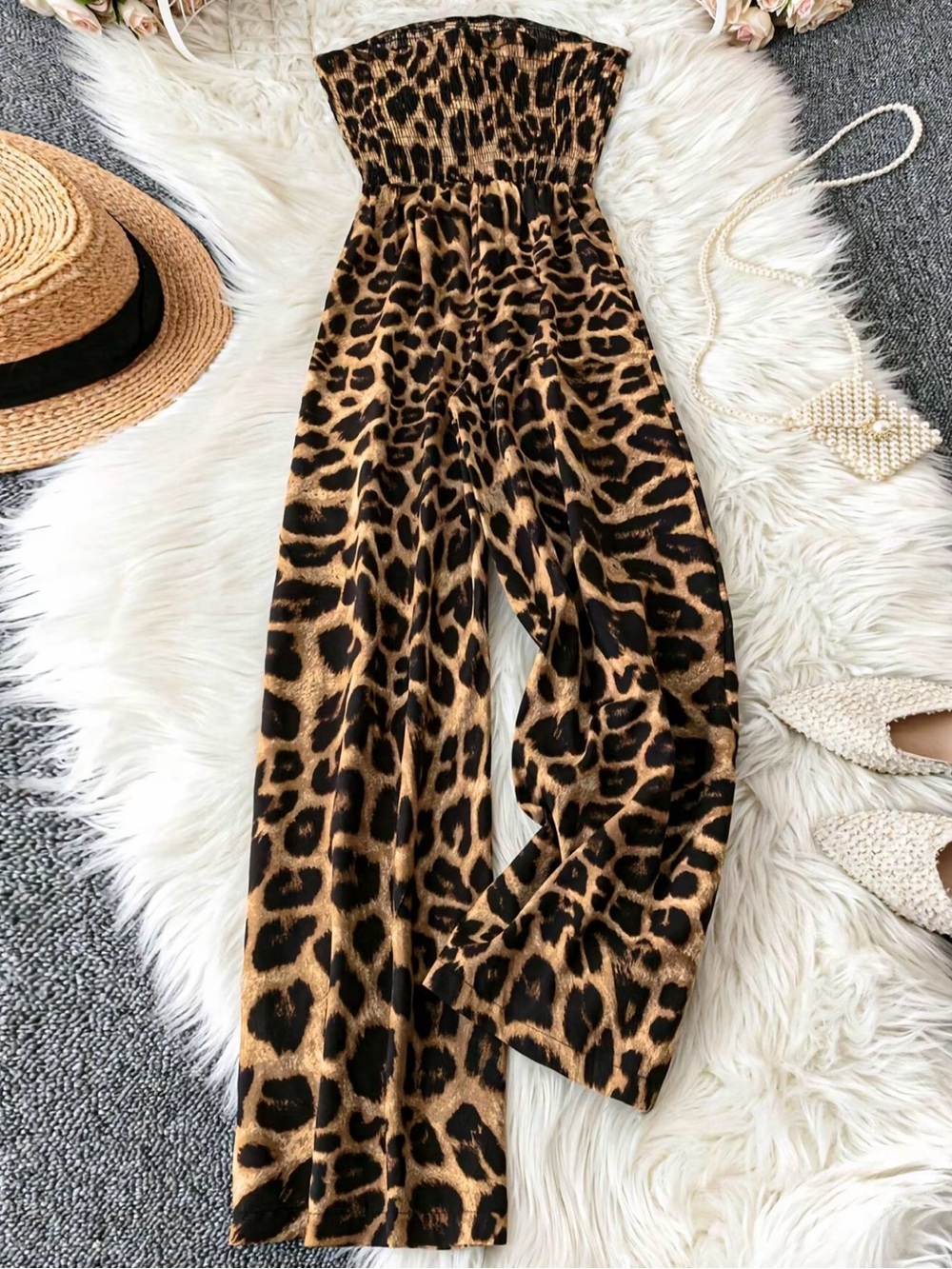 Women's Leopard Print Strapless Jumpsuit lightweight - Brown new boutique